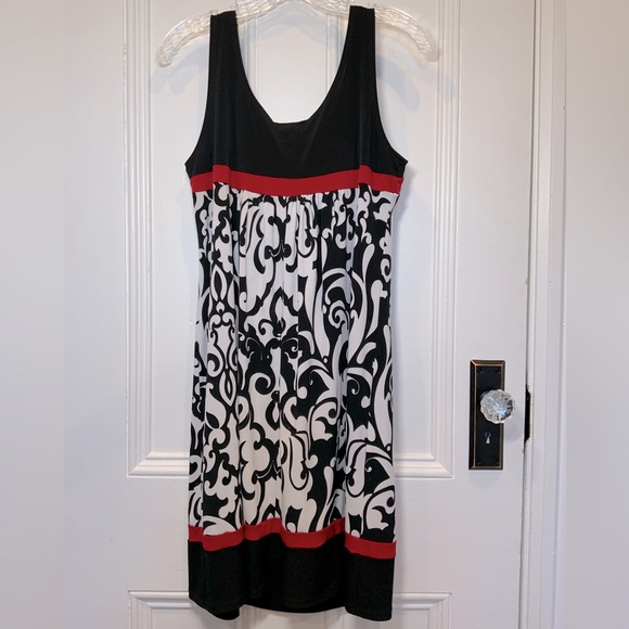 En Focus Studio Black/White Baroque Patterned Dress with Red Stripes - Size 12 - Picture 2 of 4